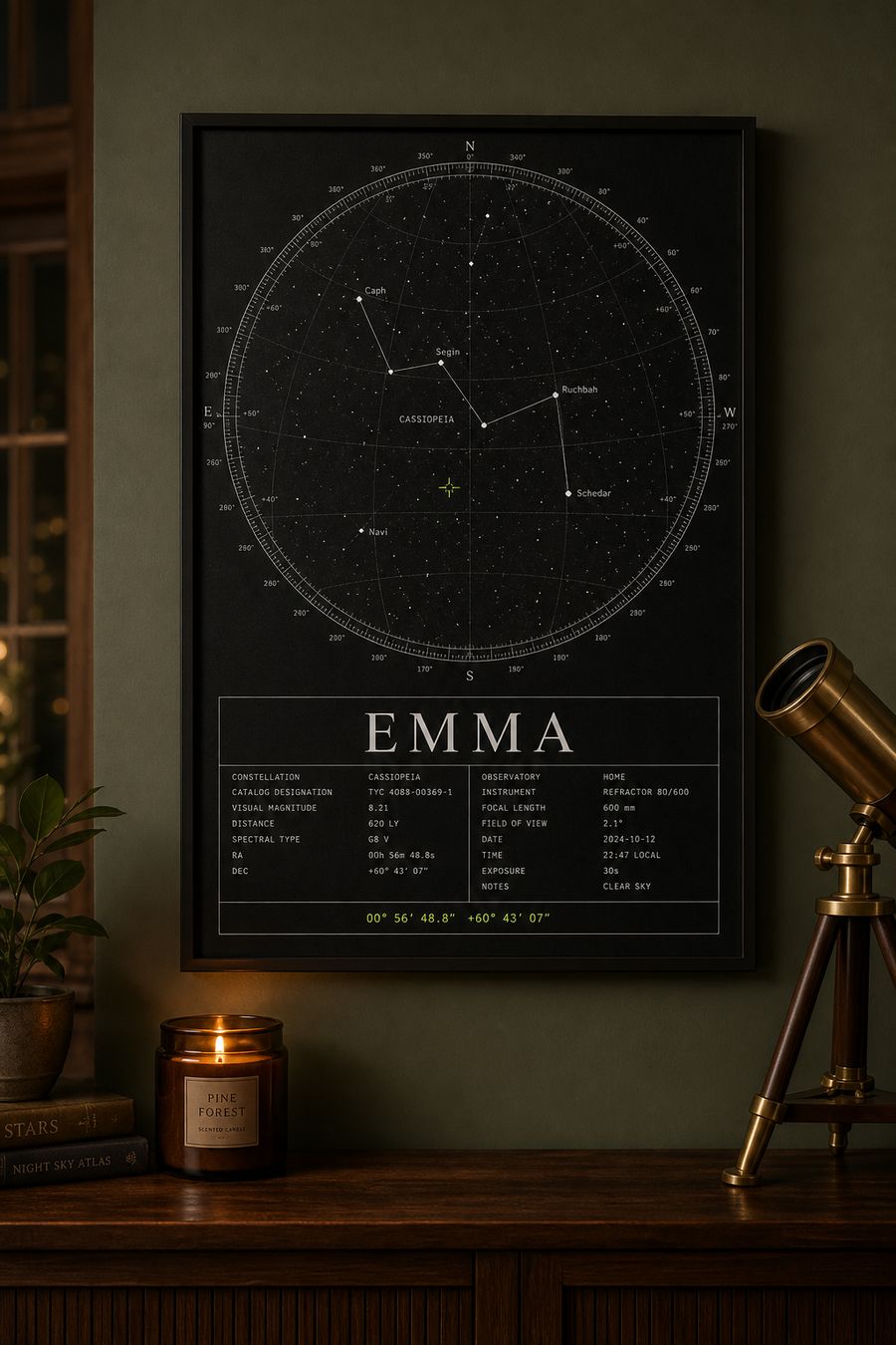 A4 star chart poster framed on a bedroom wall