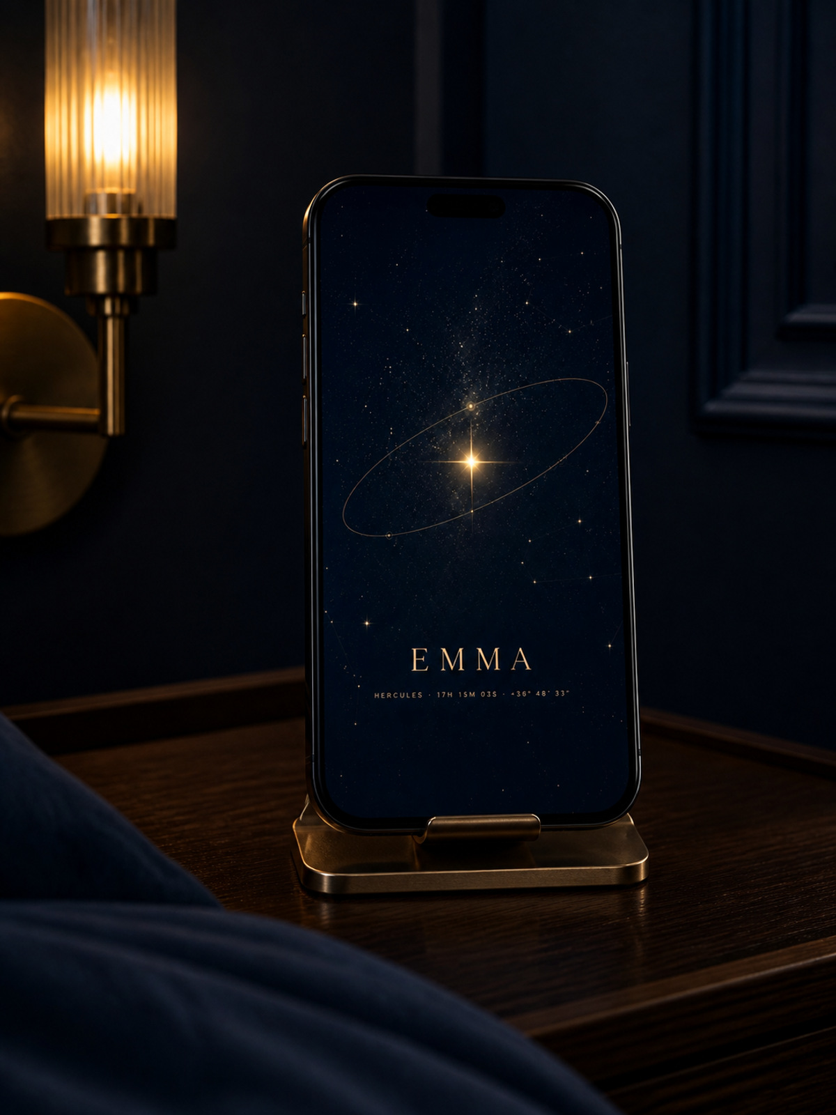 Phone on a brass stand displaying Emma's midnight navy and gold personalised star wallpaper